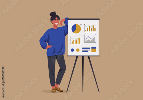 A confident woman in a blue sweater presents business data on a flip chart, showcasing pie charts and bar graphs, while leaning casually with a hand on her face in a vector illustration