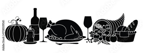 Vector art of thanksgiving dinner spread with turkey, pumpkin, wine, and cornucopia