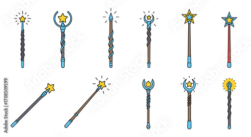 A collection of twelve decorative star topped magic wands.