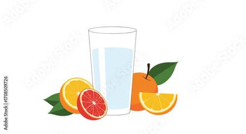 Freshly squeezed citrus fruits and a tall glass of juice ready for refreshment.