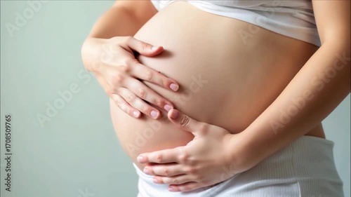 Wallpaper Mural  una mujer embarazada acariciando suavemente su vientre, simbolizando la maternidad y la belleza del embarazo. Torontodigital.ca