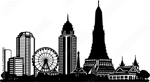 Vector art of silhouette of the bangkok city skyline, showcasing iconic temples and modern skyscrapers