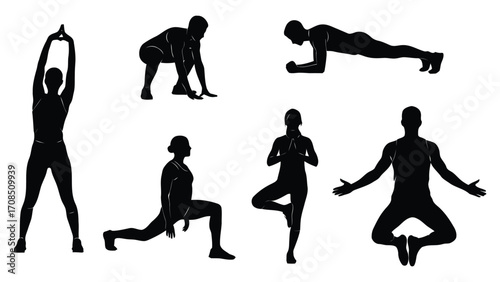 Vector art of collection of diverse fitness silhouettes demonstrating various yoga poses and exercises