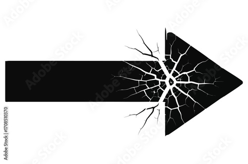 Vector art of a black arrow breaking apart with a cracked pattern, symbolizing destruction or failure