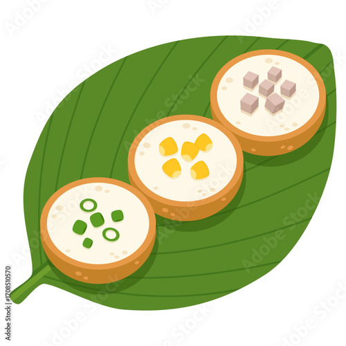 Thai coconut pancakes (khanom krok) with toppings of spring onion, corn, and taro