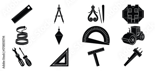 Construction and Engineering Tools Black Silhouette Vector Illustration Set on White
