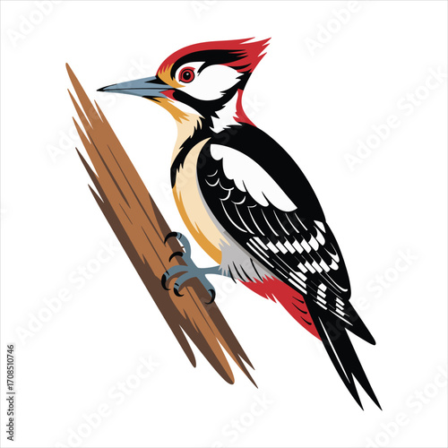 Vibrant great spotted woodpecker perched on a textured branch with detailed plumage