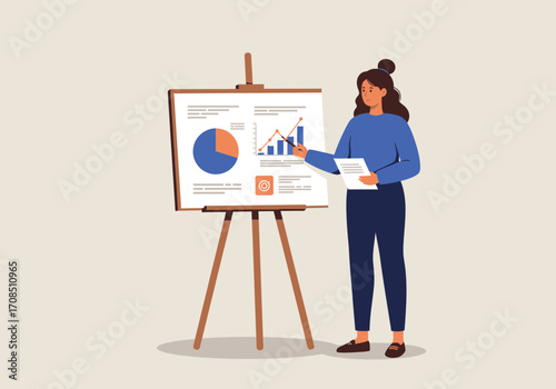 A woman in a blue sweater presents business data on a flip chart, showcasing pie charts and bar graphs, while holding a document and pointing with a pen in a vector illustration