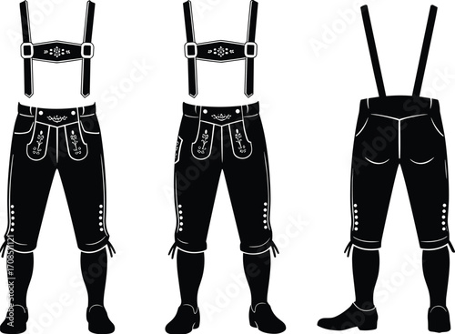 Lederhosen vector illustration, traditional Bavarian outfit, German costume front back side views, Oktoberfest clothing, folk dress design elements