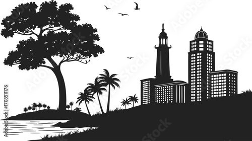 Vector art of silhouette of fort lauderdale florida skyline with tree and palm trees vector illustration