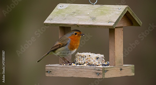 Robin eating at bird feeder