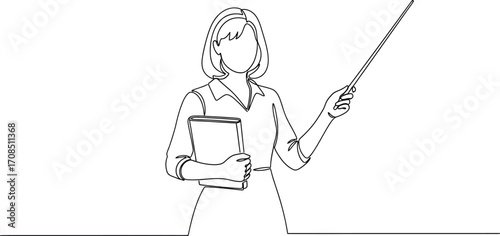 Professional teacher holding a book and pointing with a stick, ready to instruct.
