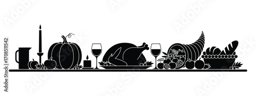 Vector art of silhouette of a thanksgiving feast table with turkey, pumpkin, and cornucopia