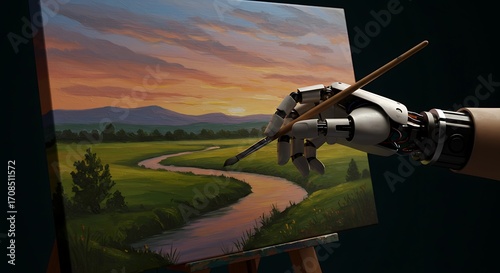 Robot hand painting landscape