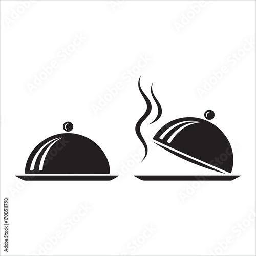 A metallic restaurant cloche icon, a symbol of fine dining, is featured on a black background and a glossy metal button