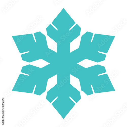 Bright cyan snowflake icon symbol of winter frost and cold weather in a clean design