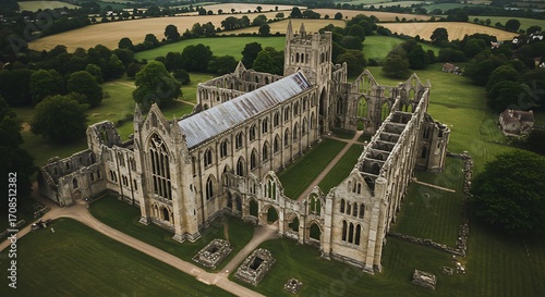Ruined abbey aerial view