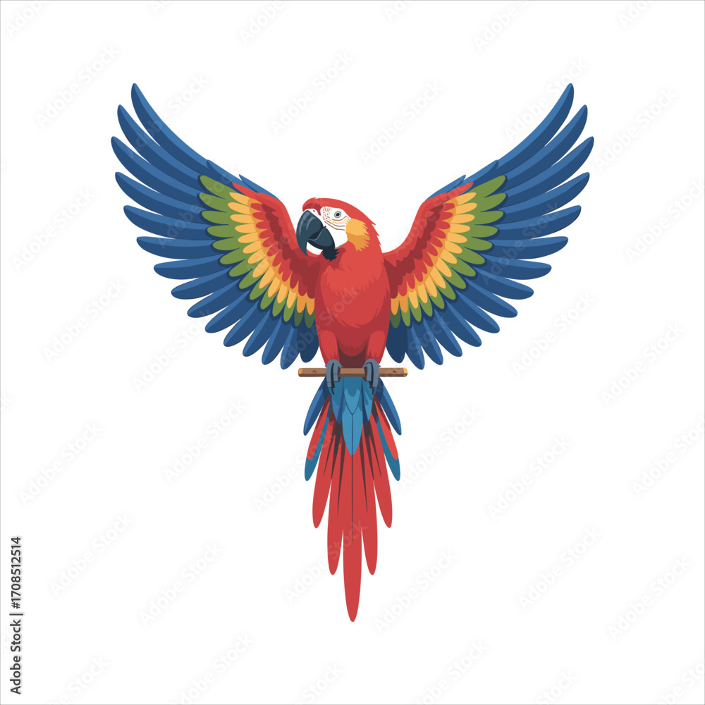 Fototapeta premium Vibrant scarlet macaw parrot with wings spread wide in flight