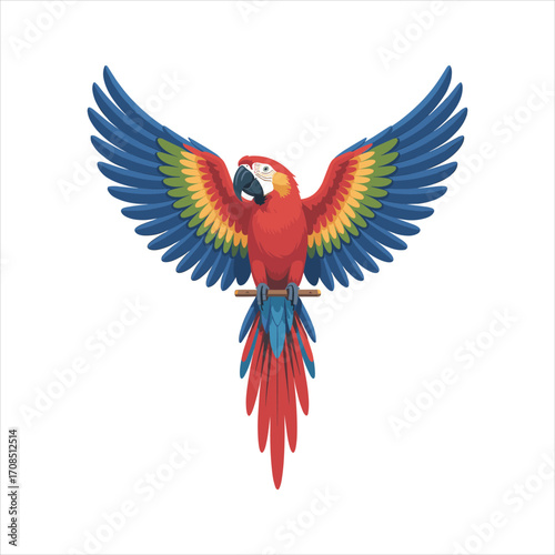 Vibrant scarlet macaw parrot with wings spread wide in flight