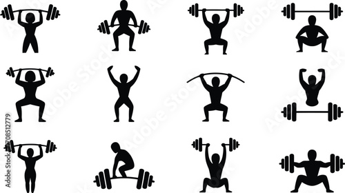 Silhouettes of people lifting weights in various exercises, demonstrating strength and fitness.