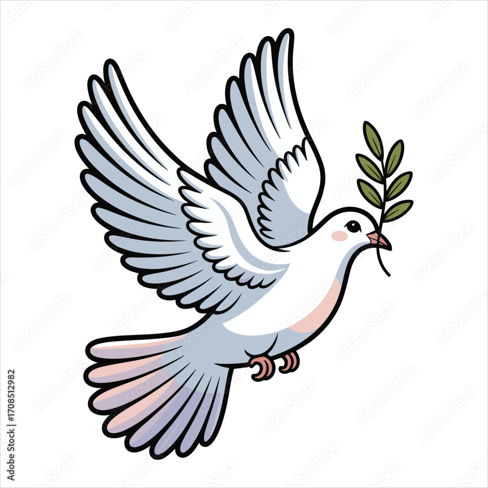 Obraz premium White dove with olive branch flying gracefully against a white background symbolizing peace