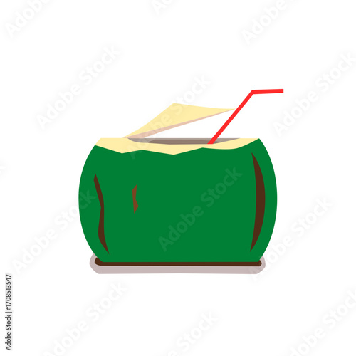 Fresh green coconut water drink with a red straw, isolated on a white background. A healthy tropical refreshment concept illustration for summer vacation
