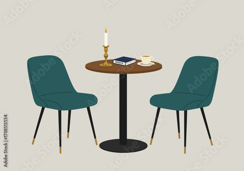 A cozy cafe setting with two teal chairs, a round wooden table, a candle, a book, and a cup of coffee, creating an inviting and intimate atmosphere in a vector illustration