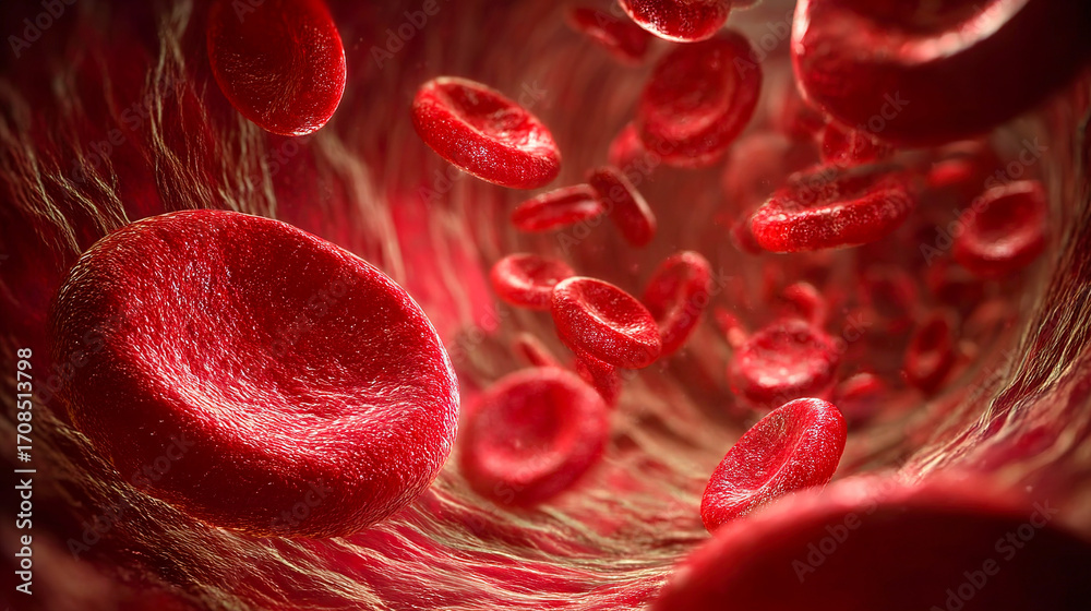 Fototapeta premium Close-up view of erythrocytes flowing through the circulatory system. Detailed scientific visualization of anatomy, biology and health processes. Perfect for use in medical articles, educational mater