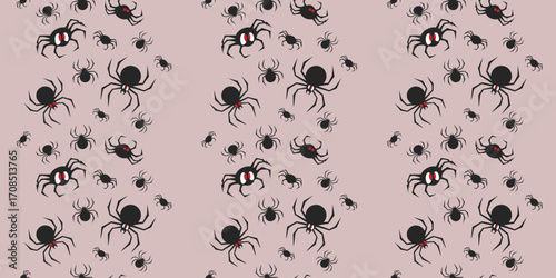 Seamless striped pattern of cute funny black spiders with red eyes on a light pink background. This whimsical and spooky design is perfect for Halloween digital paper or fabric.