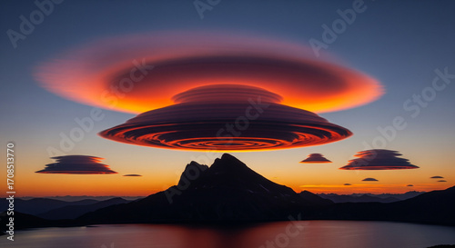 Dramatic lenticular clouds blaze with fiery sunset hues over serene mountain lake landscape, creating an awe-inspiring, otherworldly spectacle