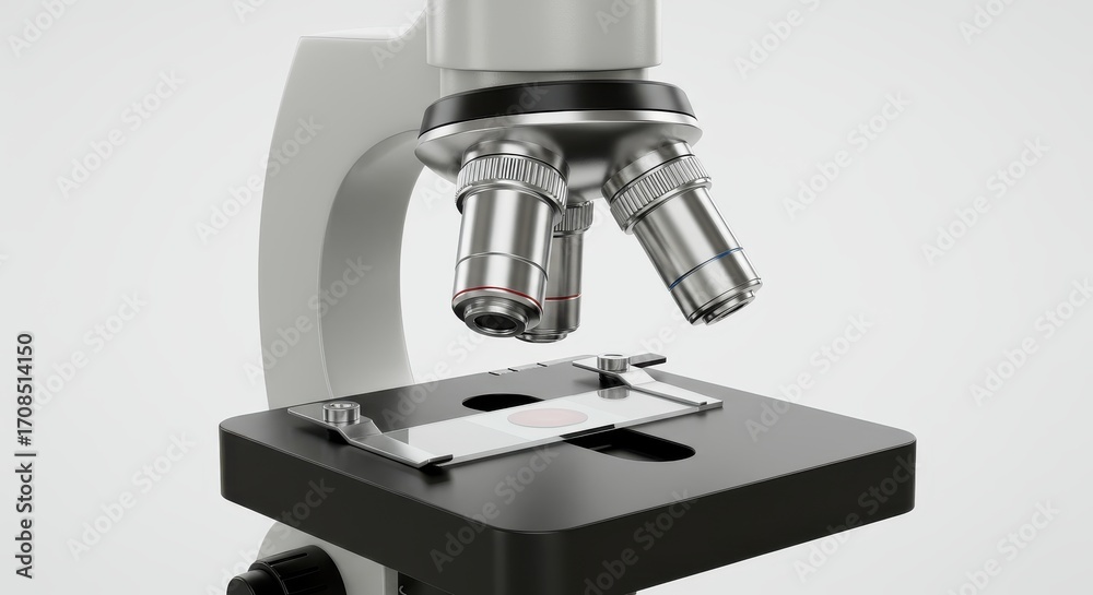 Fototapeta premium High-angle close-up view of a modern scientific microscope, showcasing its precise optical components and a specimen slide on the stage.