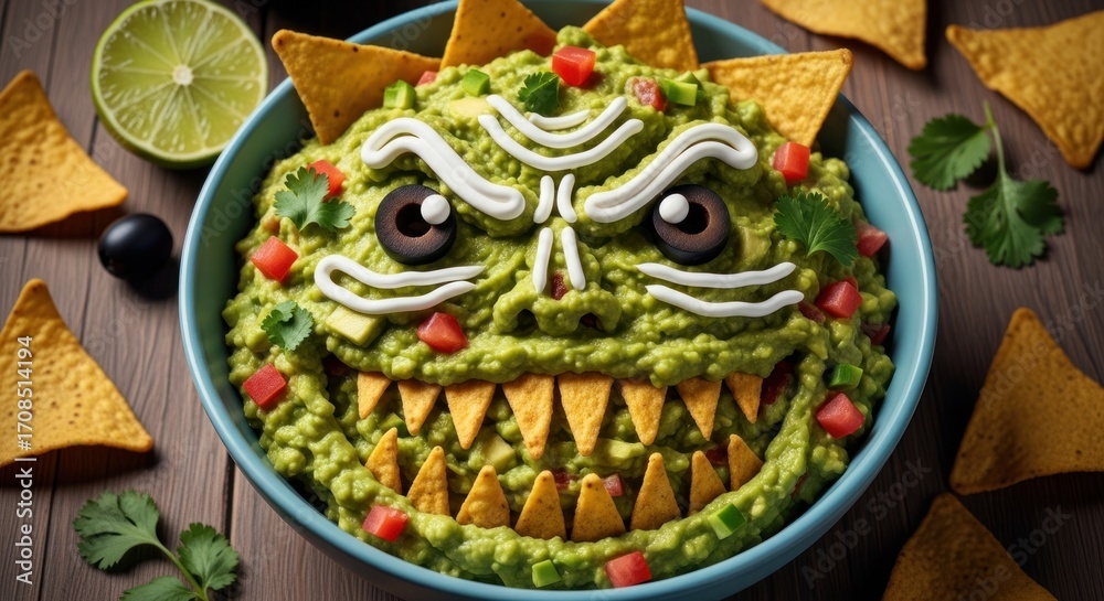 Fototapeta premium Monster guacamole dip with tortilla chips for a fun halloween party snack