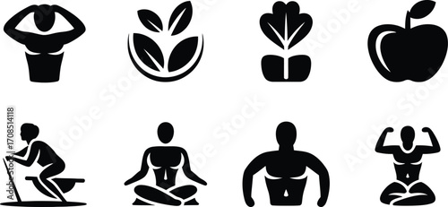 Healthy lifestyle icons representing fitness, nutrition, and well-being