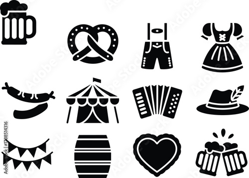 Oktoberfest black icons set with beer mugs, pretzel, lederhosen, dirndl dress, sausages, festival tent, accordion, Bavarian hat, bunting, barrel vector