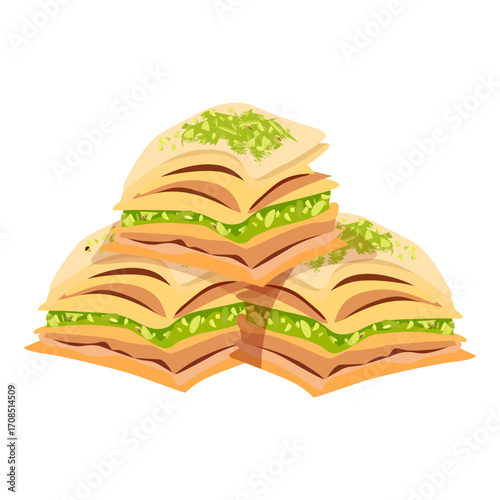 Three square pieces of baklava stacked on top of each other with pistachios, a traditional dessert from Makhrebi cuisine