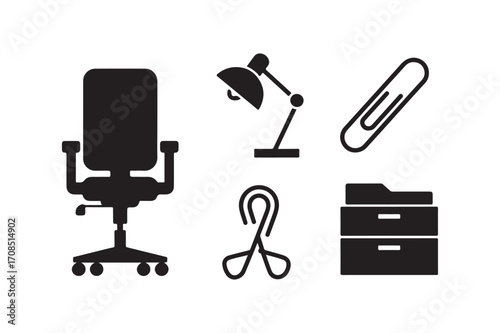 Office supplies and furniture icons in black silhouette