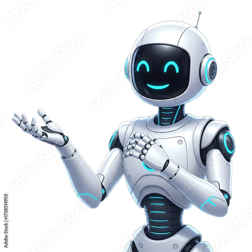 Happy robot. 3d ai character, chat bot mascot isolated on transparent background, GPT chatbot icon. Artificial intelligence, trendy technology, support service, funny automation computer