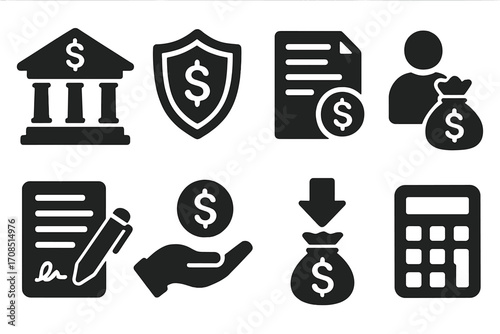 Banking and finance icon set. Loan, investment, savings symbols. Vector glyph collection for money, credit, deposit, insurance, payment, contract and budget concepts.
