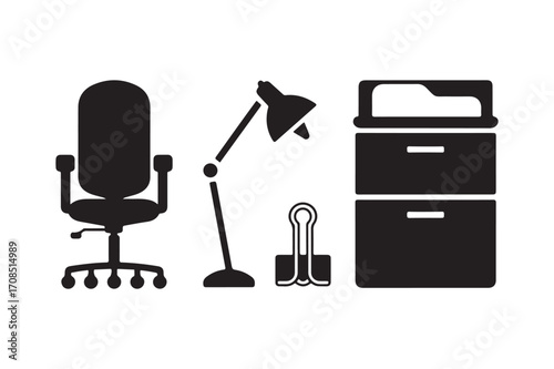 Office furniture and supplies silhouette icons