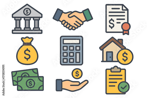 Banking loans icon set. Flat design financial elements. Vector cartoon illustration of finance, money, investment, mortgage, credit, contract, savings, deal, and payment.