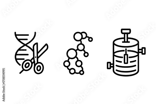 Biotechnology linear icons. Gene editing, DNA modification, CRISPR concept. Protein and amino acid molecule structure. Bioreactor, fermenter for cell cultivation. Science vector set.