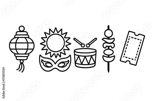 Carnival festival icon set. Line art symbols for celebration, party, event. Masquerade mask, chinese lantern, parade drum, admission ticket, sun, and food skewer vector.