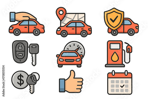 Car rental services icon set for mobility and transport business. Vector cartoon illustrations for auto lease, navigation, security, fuel, booking, and insurance concepts.