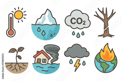 Vector icon collection of climate change effects. Global warming, temperature rise, melting glaciers, CO2 pollution, deforestation, floods, storms and earth on fire. Cartoon.