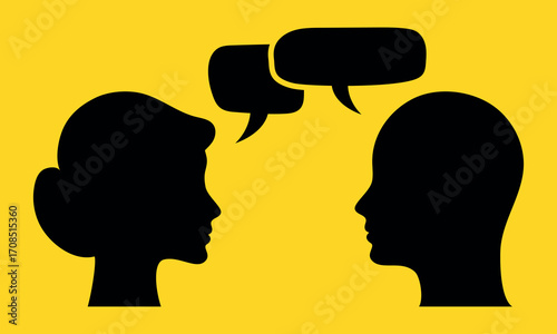 Silhouette of man and woman faces with speech bubbles on yellow background. Concept of communication, dialogue, talking, discussion, conversation, relationship, social interaction, psychology teamwork