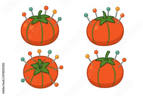 Tomato pincushion vector set with colorful sewing pins for tailoring, dressmaking, and crafts. Seamstress tool for needlework, quilting, and DIY projects. Flat cartoon illustration.