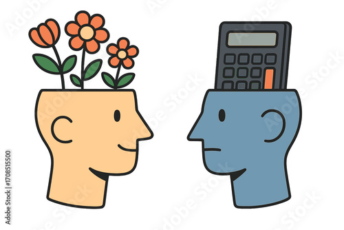 Creative mind vs logical mind. Metaphor for left and right brain comparison. Two heads silhouette with flowers for nature and emotion vs a calculator for analytical thinking.