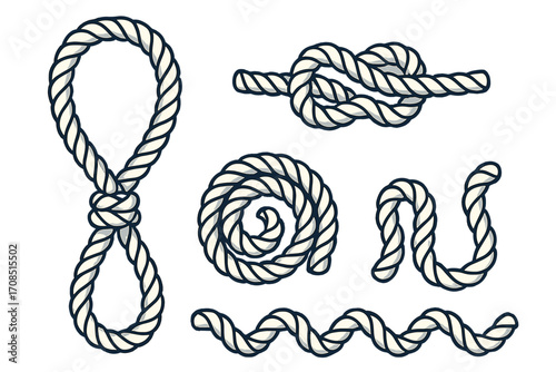 Rope knots vector illustration set. Collection of nautical and marine cord shapes. Twisted fiber, spiral coil, figure-eight knot and hangman's noose lasso for design.