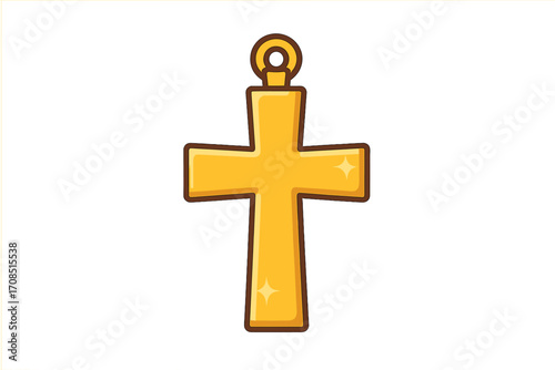 Gold cross pendant icon. Flat style cartoon vector illustration. Christian religious symbol of faith. Jewelry sign isolated on transparent background. Holy crucifix design.