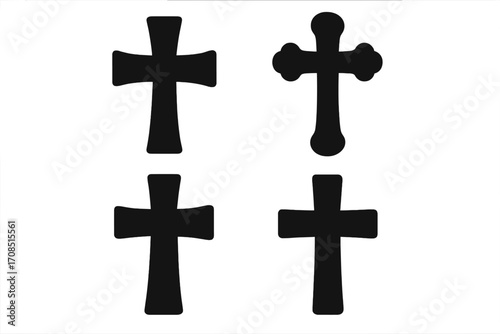 Set of black Christian cross silhouettes. Religious symbol collection. Vector graphic icons for faith, spirituality, and church design. Jesus crucifix illustration isolated. Catholic sign.